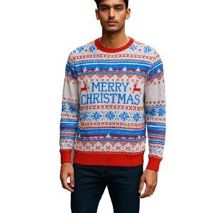 Men’s Sz S Christmas T-Shirt Long Sleeve Faux Ugly Sweater Print Holiday Tee NEW